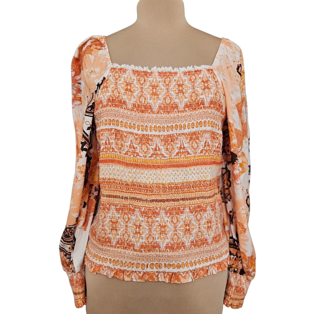 Cato Womens XL Orange Floral Paisley Smocked Boho Blouse Lace Balloon Sleeve